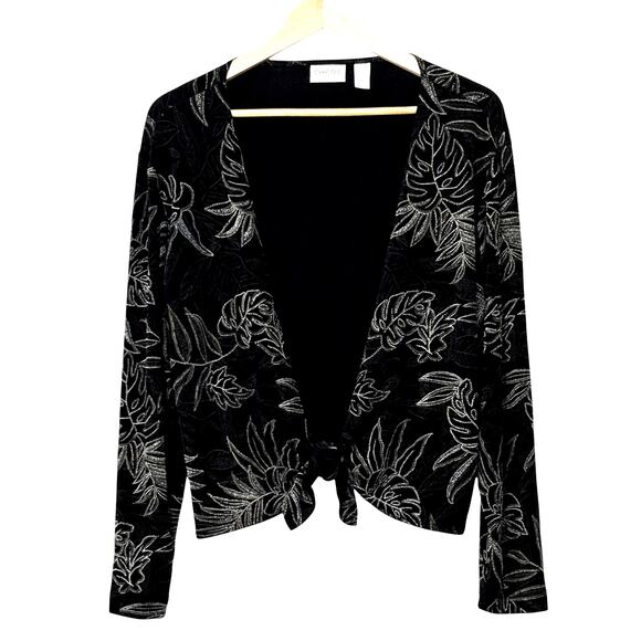 CHICO'S Travelers Cardigan 2 Black Tropical Palm Print Tie Front Stretchy Slinky - Picture 1 of 7